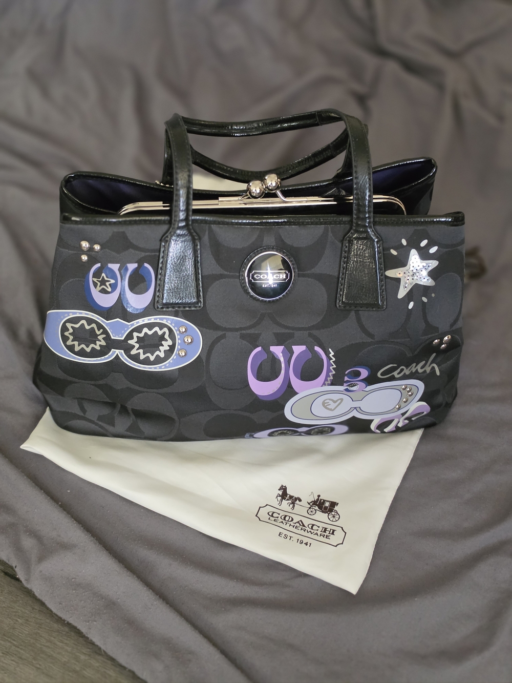 RARE Coach Black Signature Canvas Tote with Purple & Blue Graphic Motifs